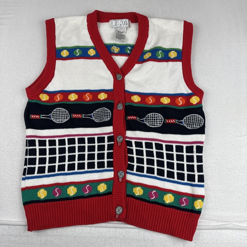 VTG Lizi Ruch Womens Tennis Cardigan Sweater Large 80s Funky Festive Preppy